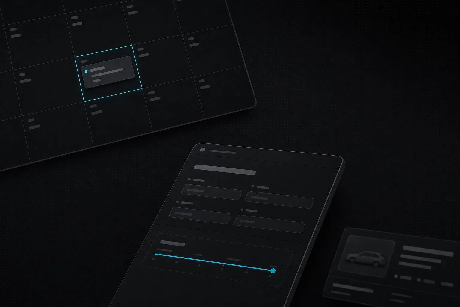 Illustration for the BeyondCars case study: a dark booking calendar with one live slot and a car listing card.