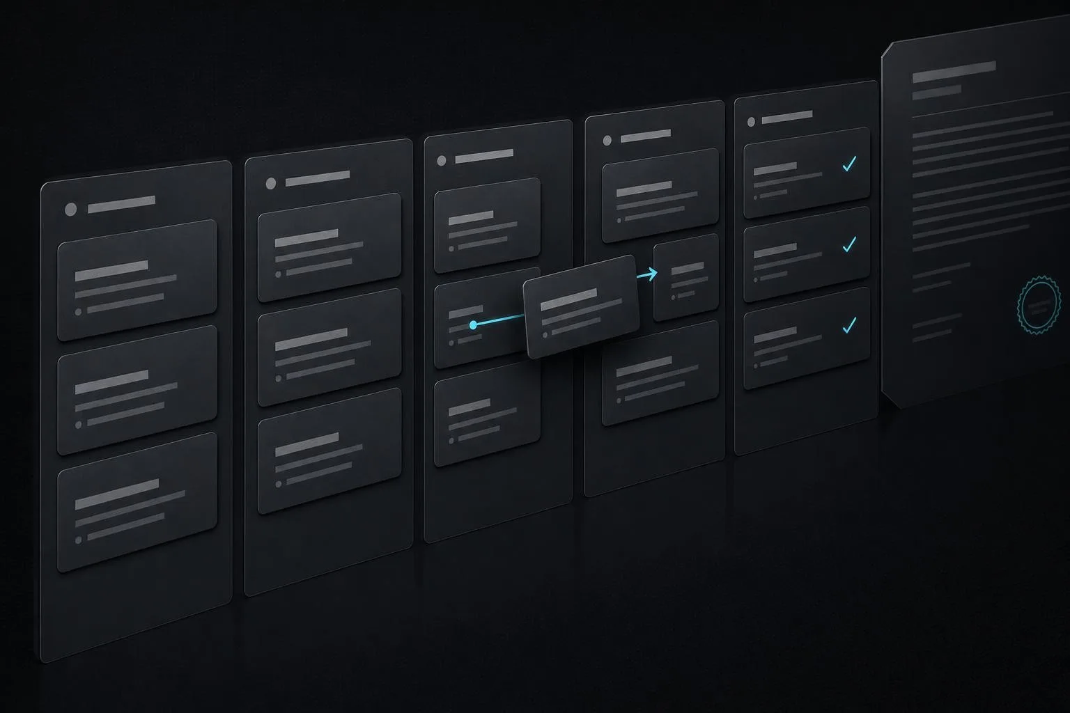 Illustration of a valuation pipeline: cards moving through five stages from intake to an approved, regulator-format report.