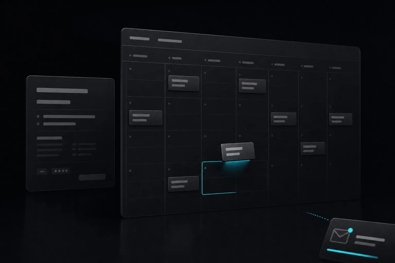 Illustration of a viewing-booking calendar: a weekly grid of slots with one live booking landing and a confirmation leaving.