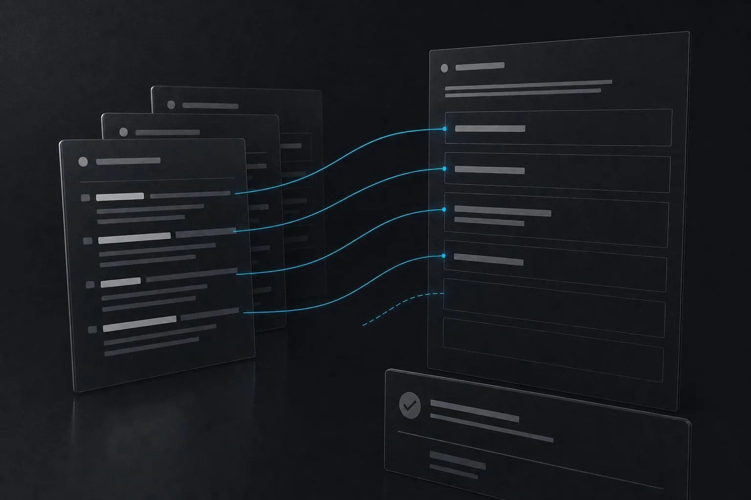 Illustration of a legal template being filled: threads carry fields from source documents into a template page, with a review step beneath.