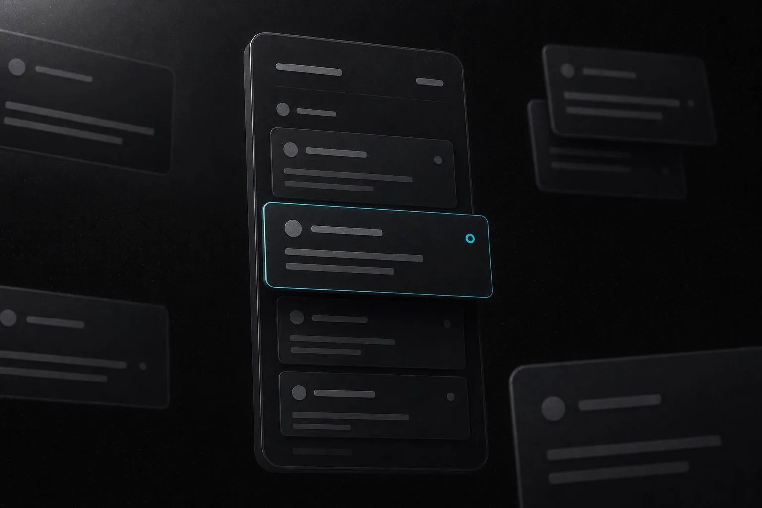 Illustration of keirsdad: a phone-height panel showing a feed of cards, one lifted forward and edged in cyan.