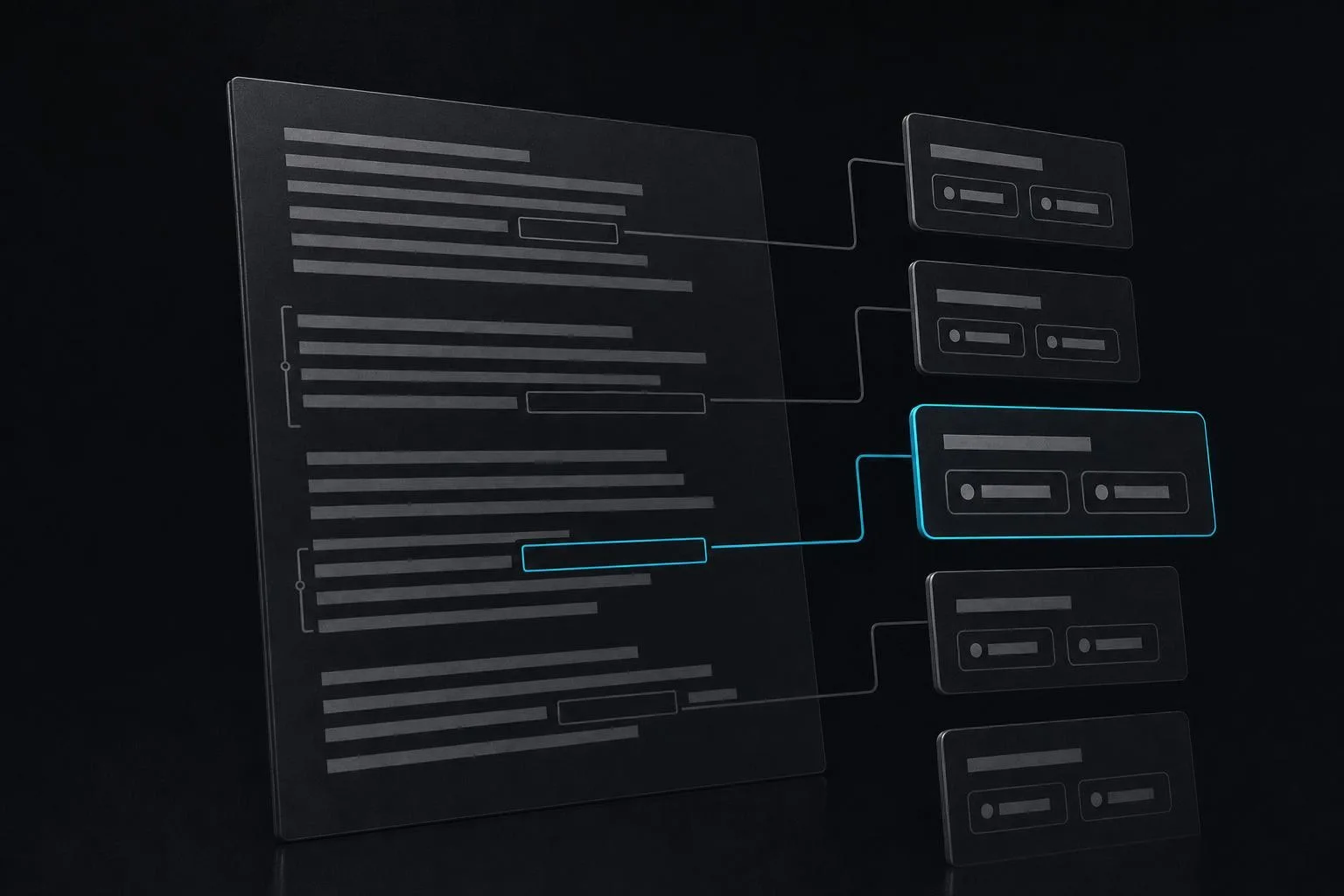 Illustration of a DocuWeave template: each blank in the document is linked to a question card beside it, one of them highlighted in cyan.