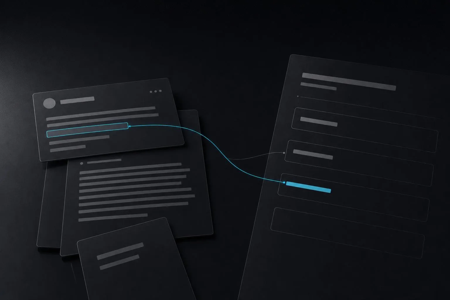 Illustration of DocuWeave’s idea: source pages joined to a template page by thin cyan threads, each thread carrying one value into its place.