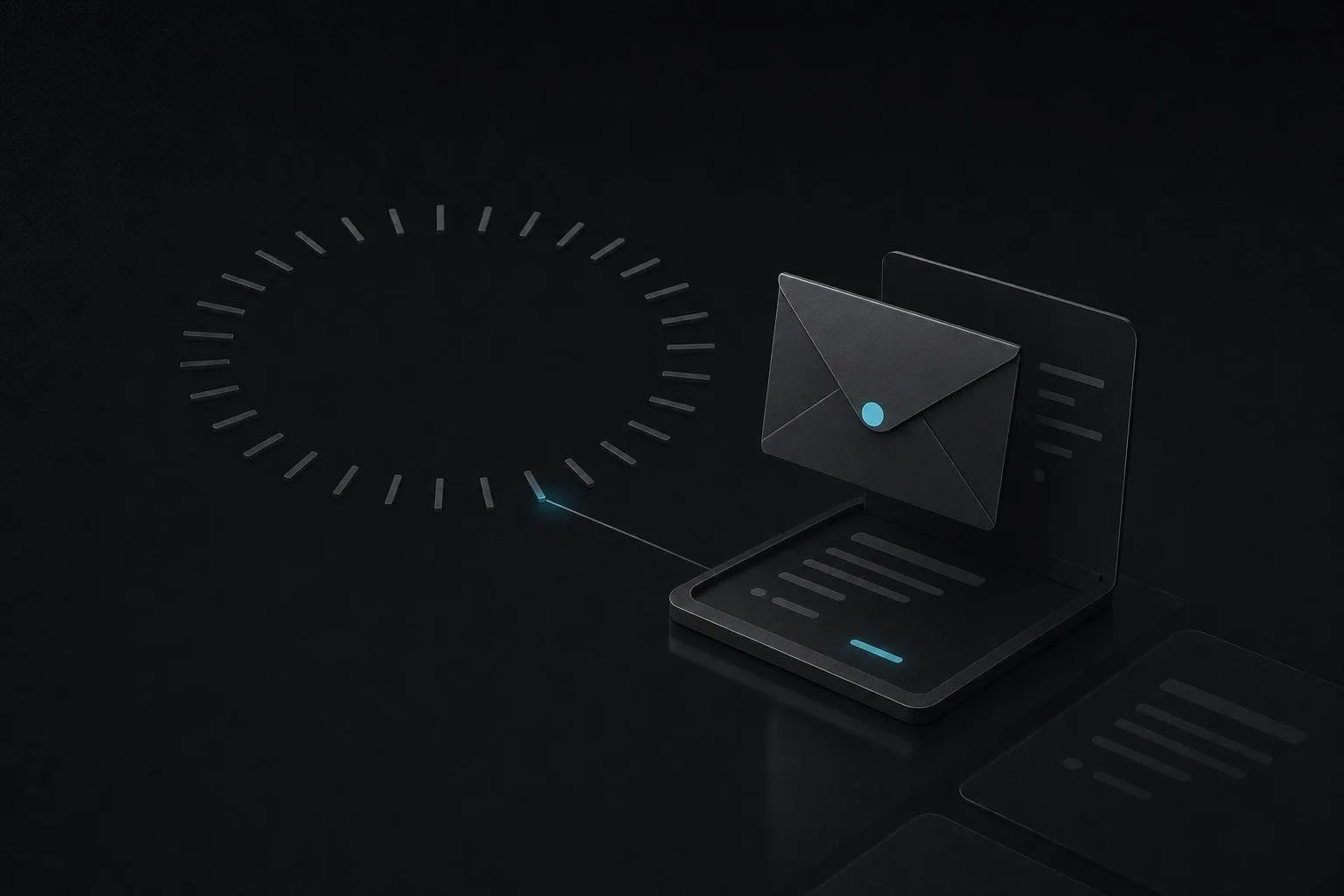Illustration of a SealedIn delivery: a dial of ticks reaches the chosen minute, and a sealed envelope with a cyan seal arrives on a screen.
