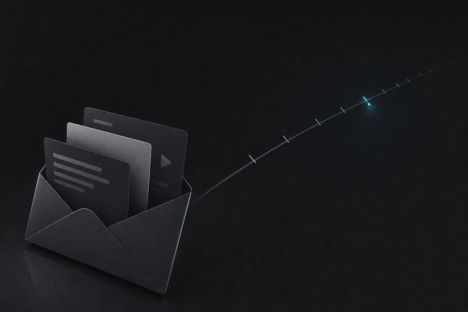 Illustration of SealedIn’s idea: an envelope holding a letter, photos and a video, with a line running along a timeline to one cyan point, the day it is delivered.