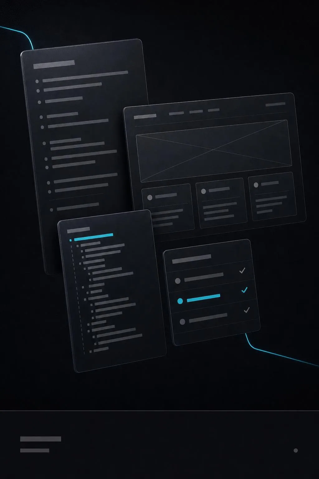 Illustration of four disciplines as one team: a document, an artboard, a column of code and a checklist overlapping into a single cluster, tied together by one cyan line.